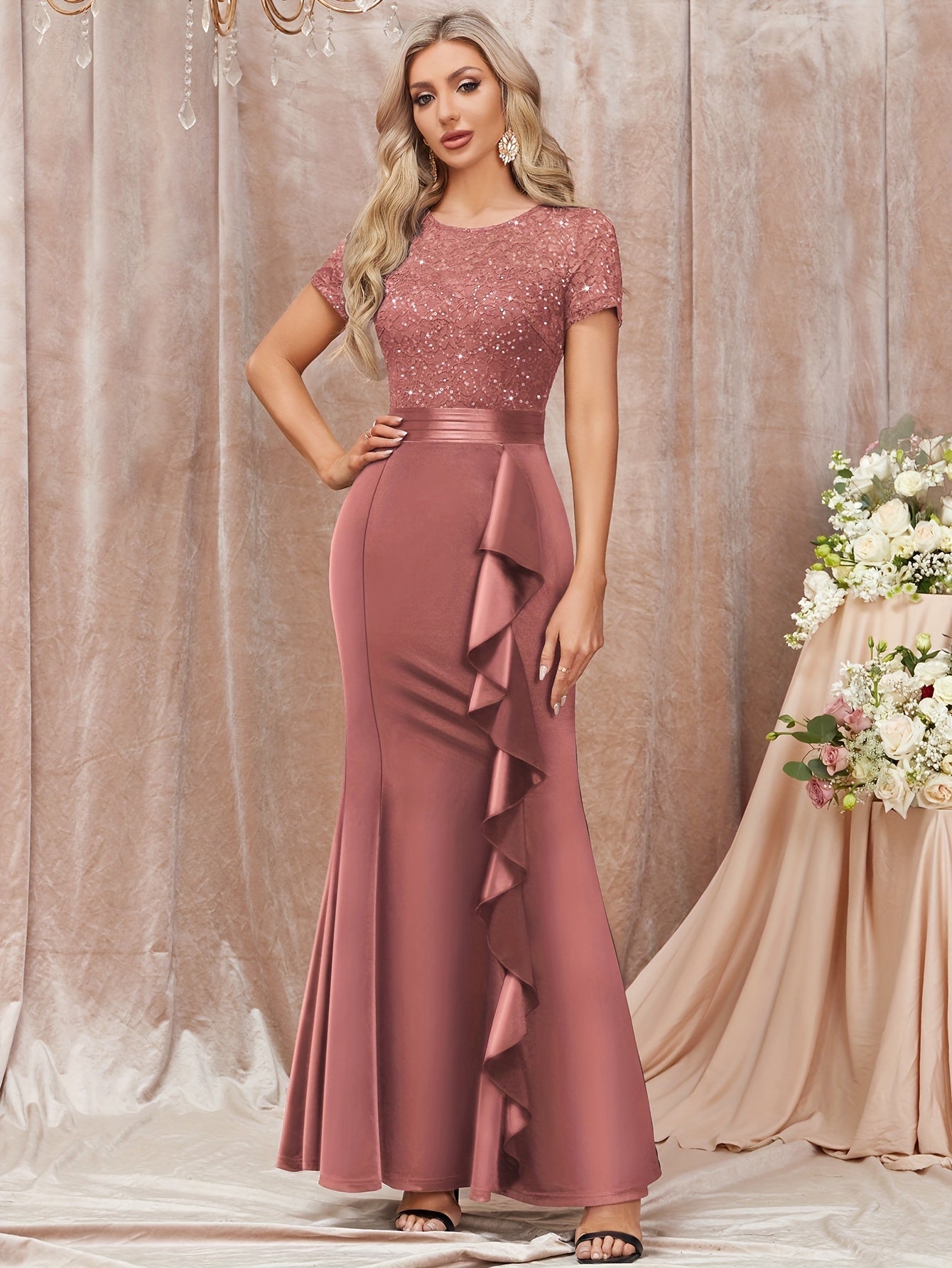 Women's Lace Maxi Wedding Dress - Ruffle – view 3