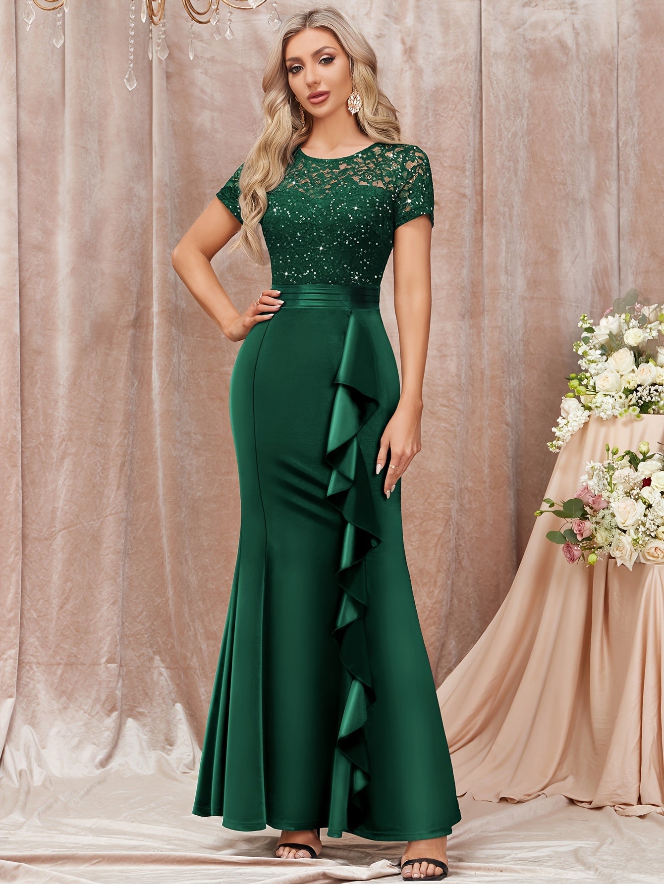 Women's Lace Maxi Wedding Dress - Ruffle detail view