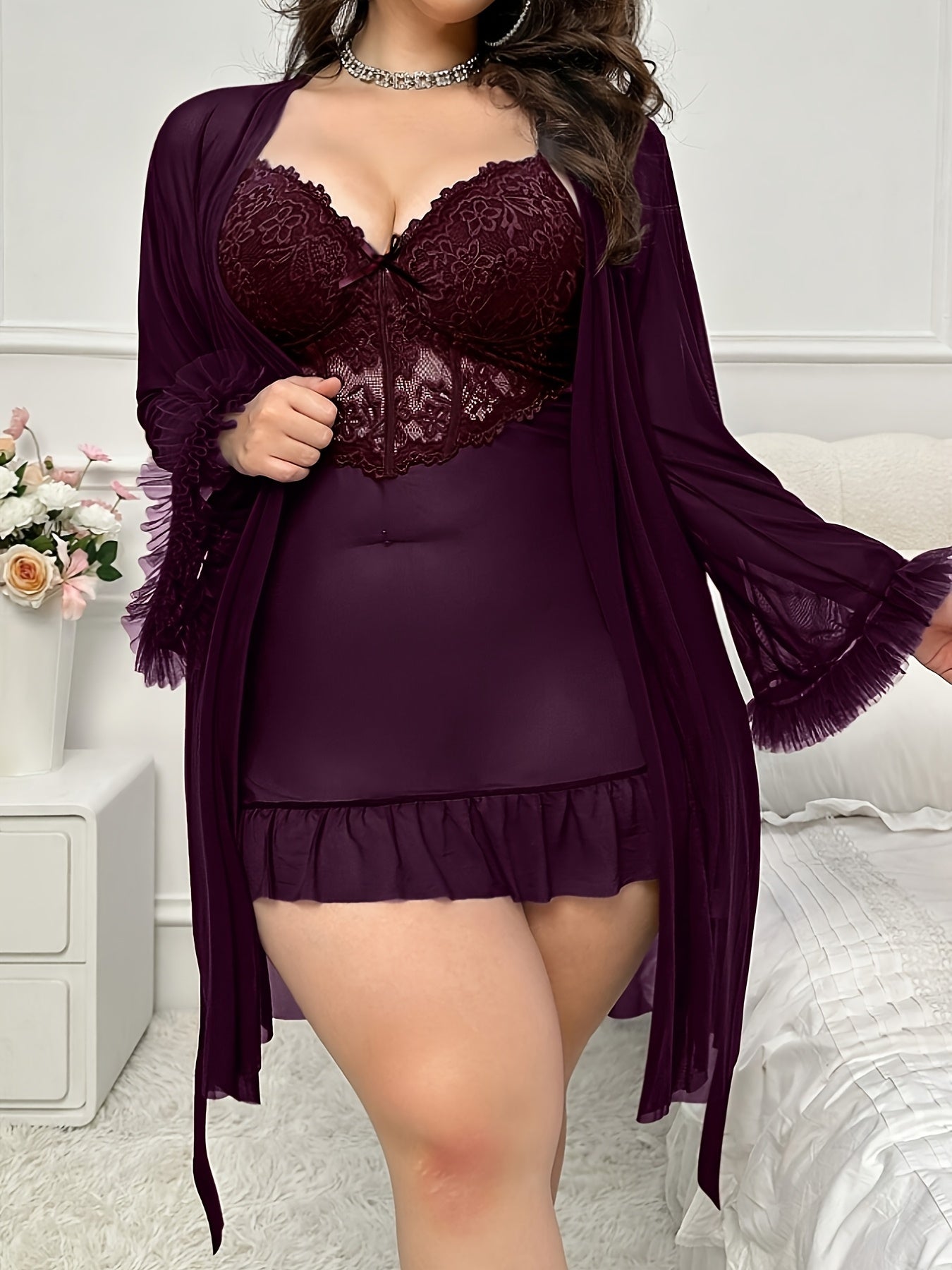 Women's Lace Pajama Set - 2-Piece Lace Plus Size Comfort detail view