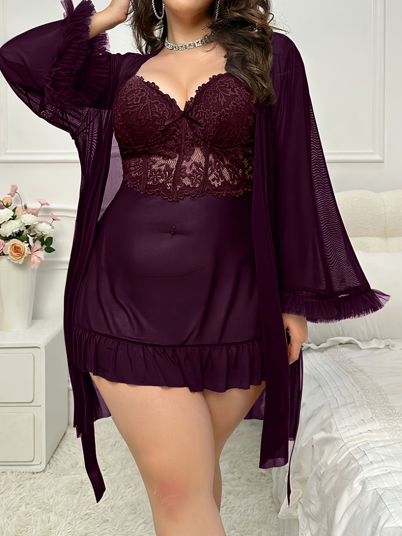 Women's Lace Pajama Set - 2-Piece Lace Plus Size Comfort detail view