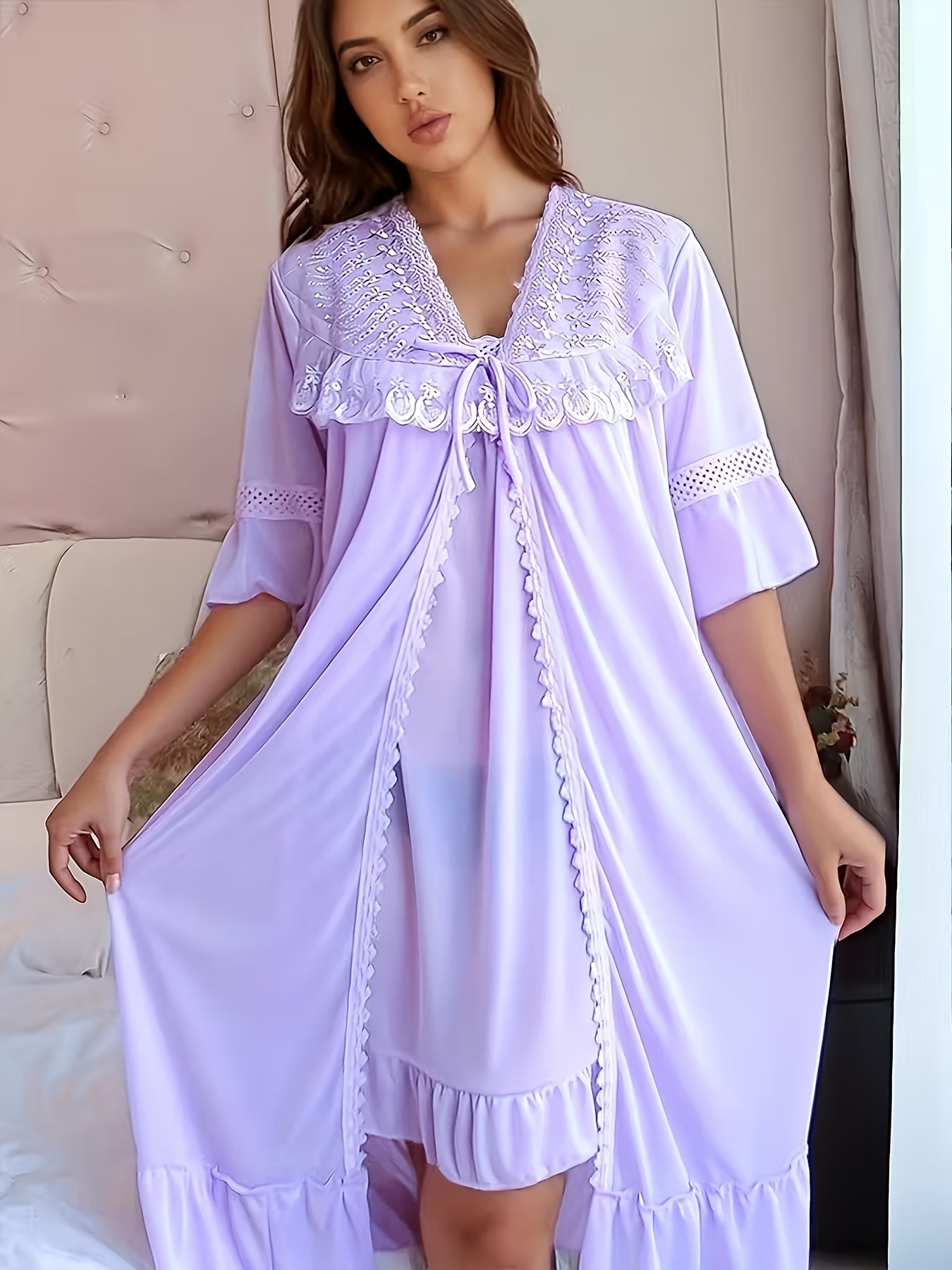 Women's Lace Pajama Set - Lace Comfort, Violet – view 6