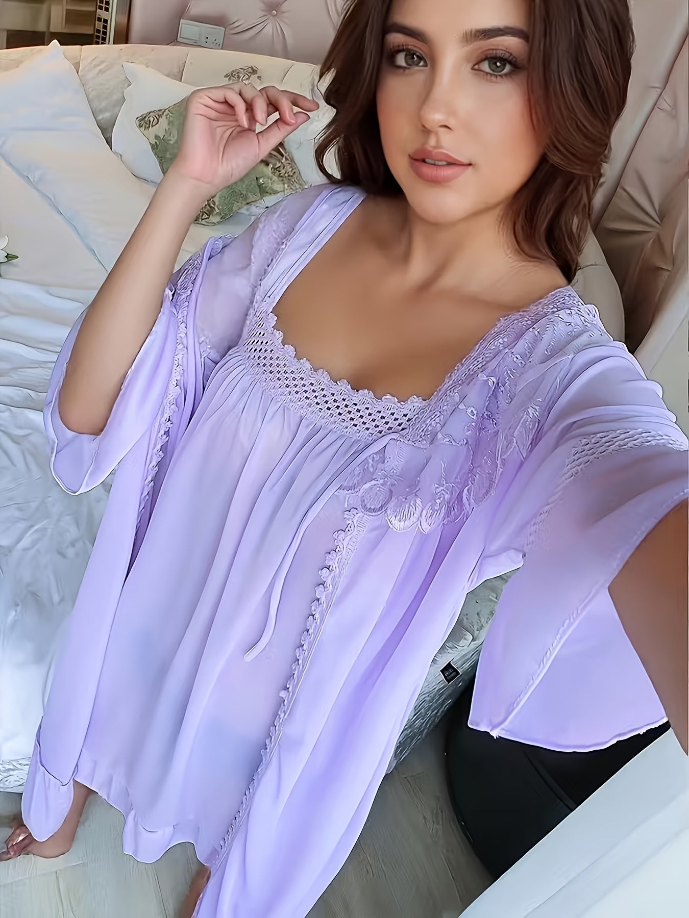 Women's Lace Pajama Set - Lace Comfort, Violet – view 8