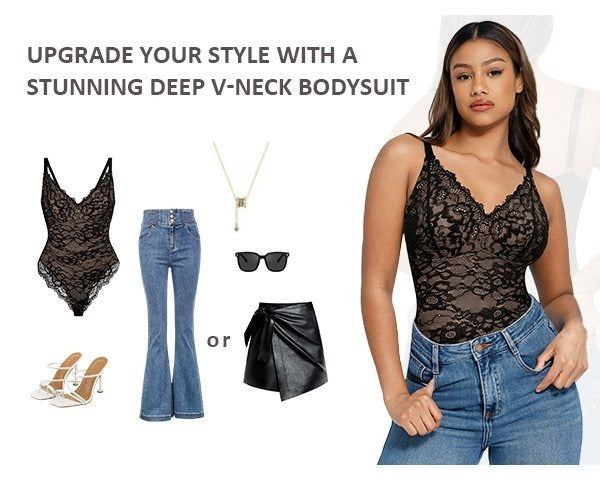 Women's Lace Shapewear Bodysuit - V-Neck Plus Size Tummy Control detail view