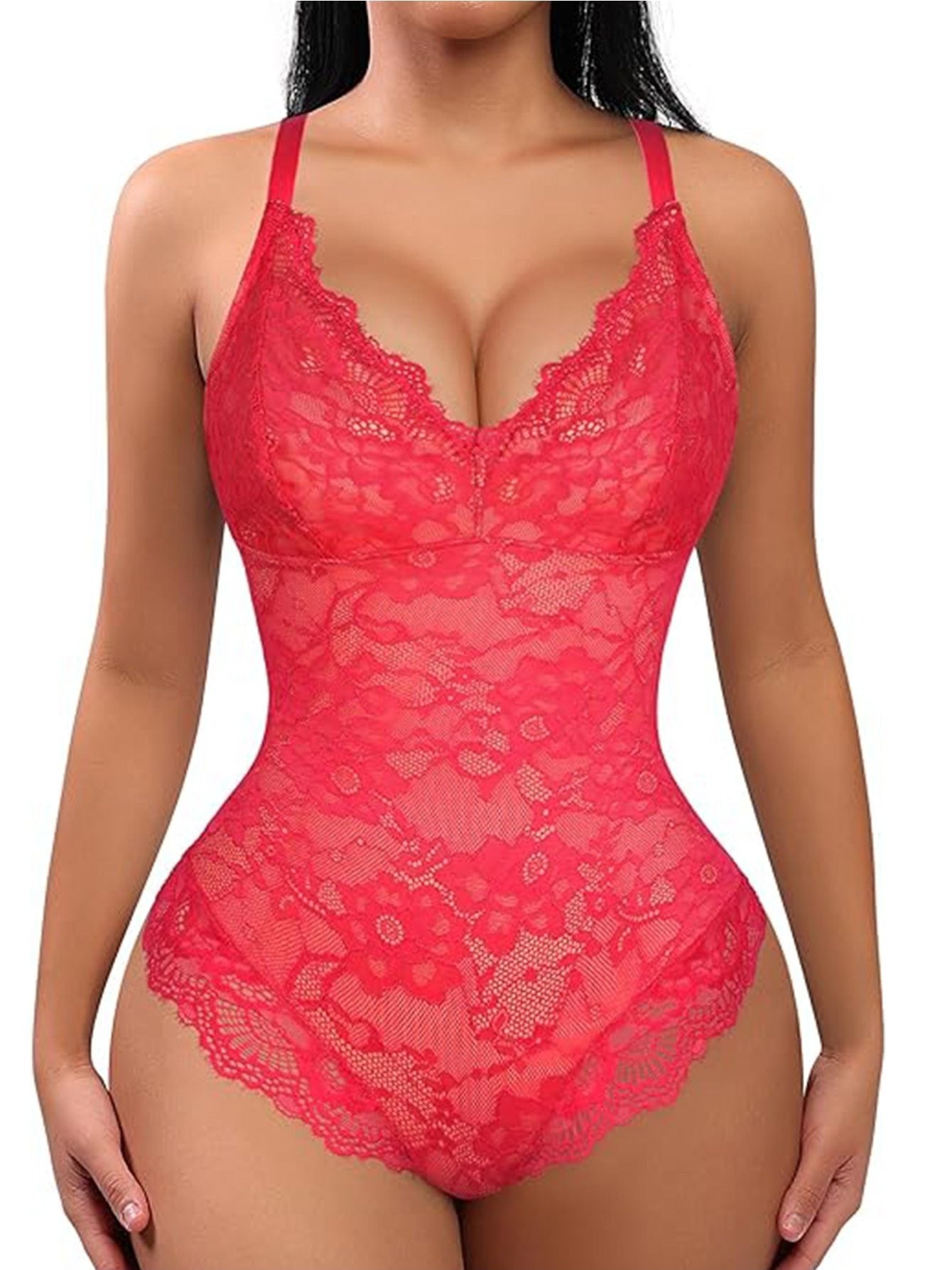 Women's Lace Shapewear Bodysuit - V-Neck Plus Size Tummy Control – Pink option – main product image