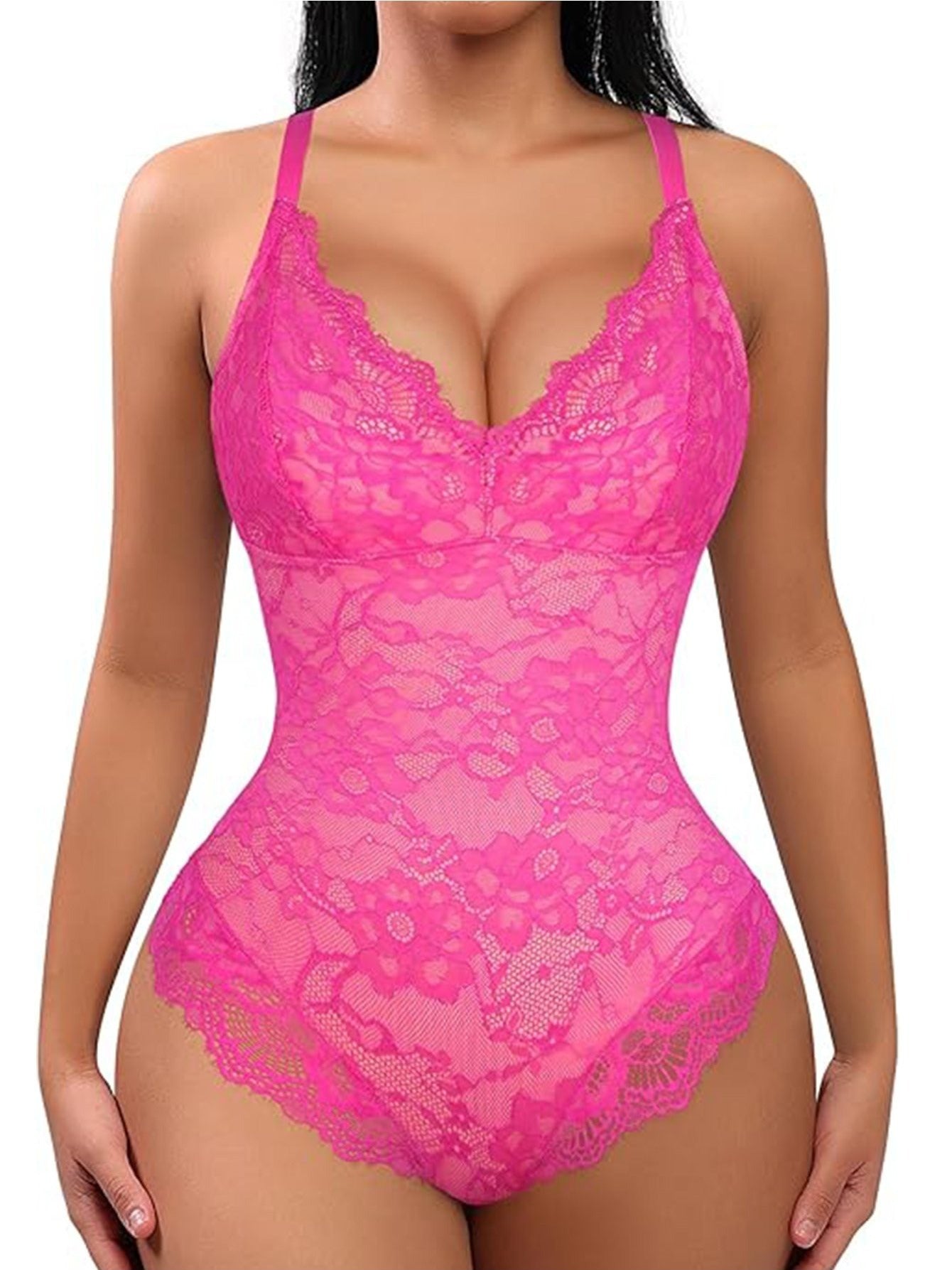Women's Lace Shapewear Bodysuit - V-Neck Plus Size Tummy Control – Pink option – view 7