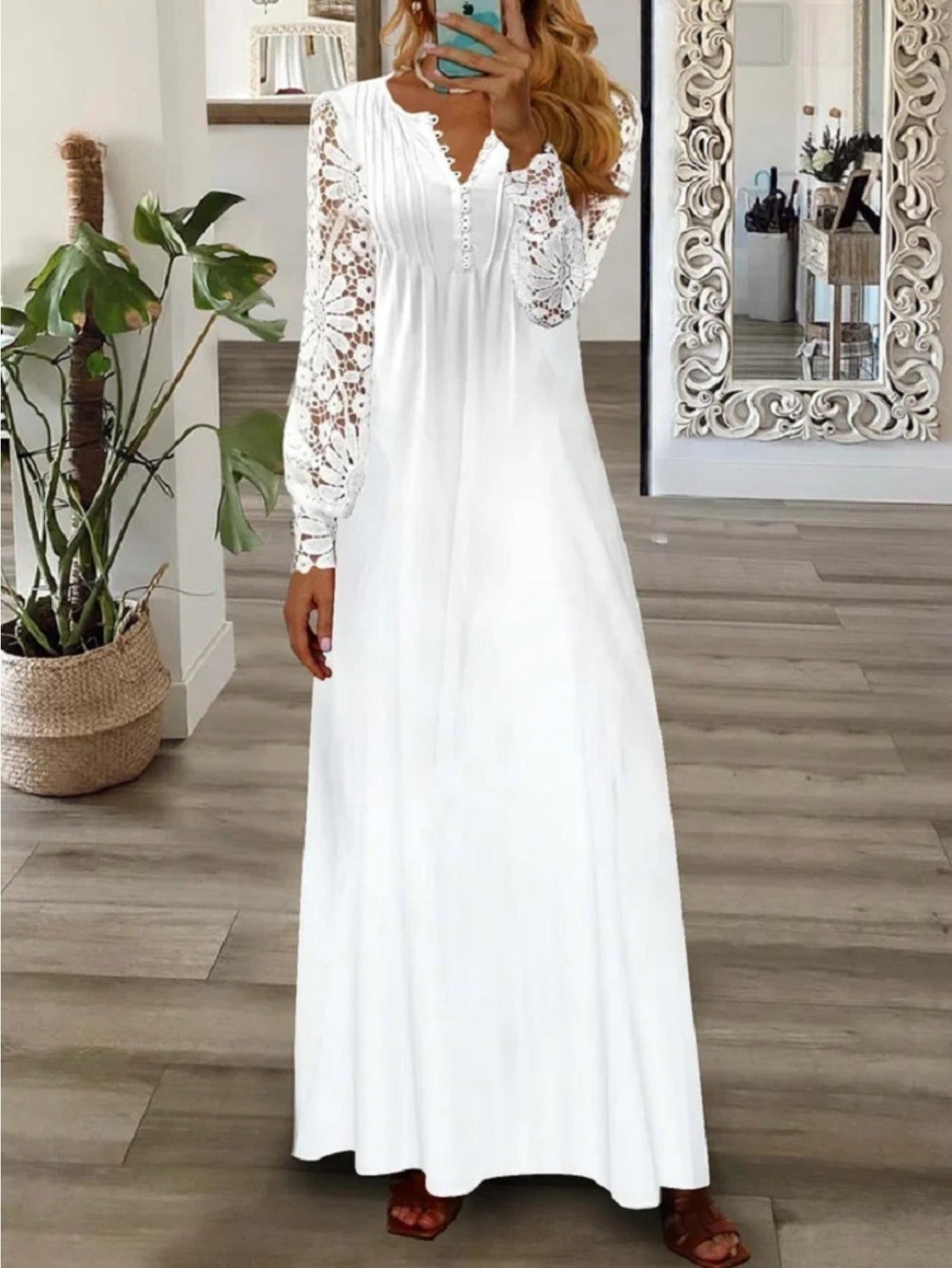 Women's Lace V-Neck Maxi A-Line Dress – Long Sleeve – main product image