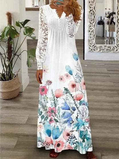 Women's Lace V-Neck Maxi A-Line Dress – Long Sleeve detail view