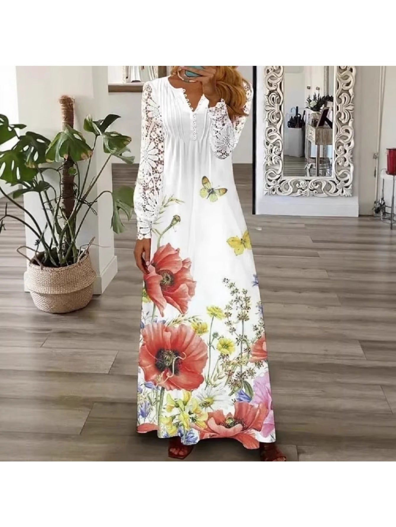 Women's Lace V-Neck Maxi A-Line Dress – Long Sleeve detail view