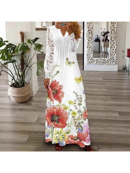 Women's Lace V-Neck Maxi A-Line Dress – Long Sleeve detail view