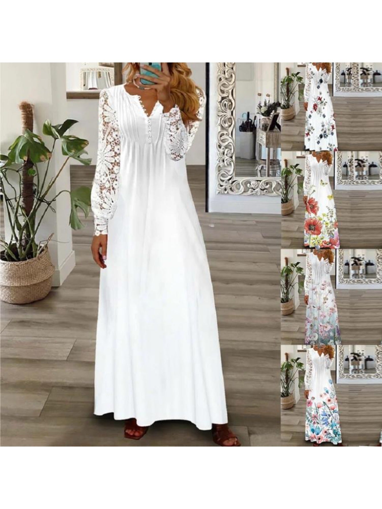 Women's Lace V-Neck Maxi A-Line Dress – Long Sleeve detail view