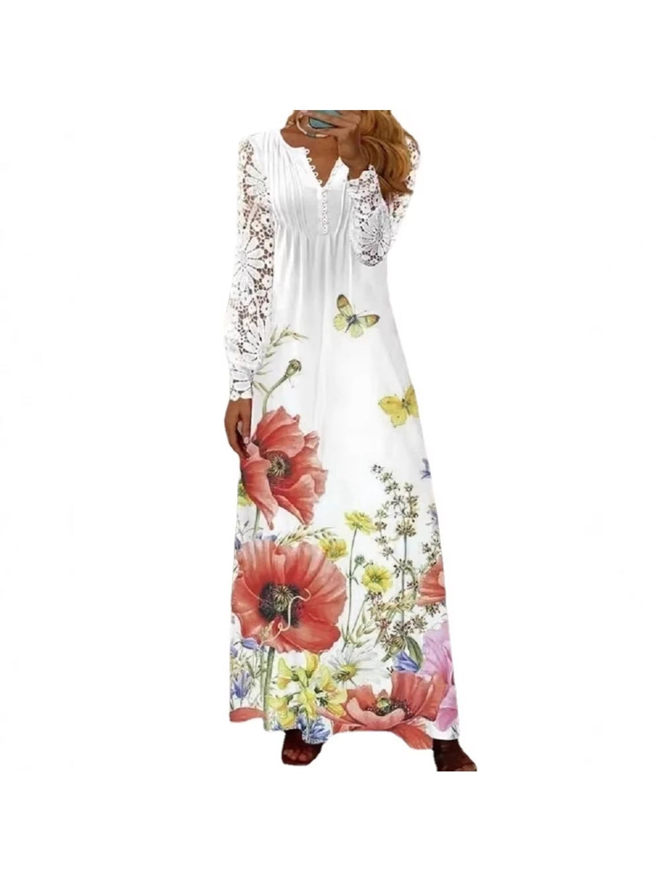 Women's Lace V-Neck Maxi A-Line Dress – Long Sleeve detail view