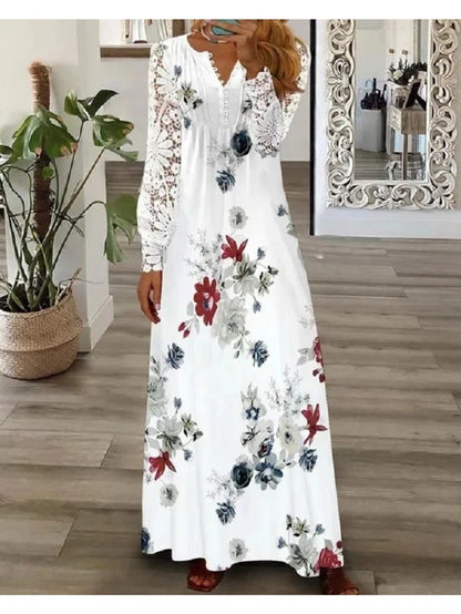 Women's Lace V-Neck Maxi A-Line Dress – Long Sleeve detail view