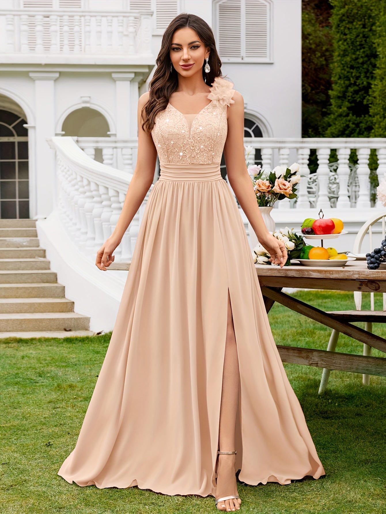 Women's Lace V-Neck Maxi A-Line Dress - Sleeveless – view 6