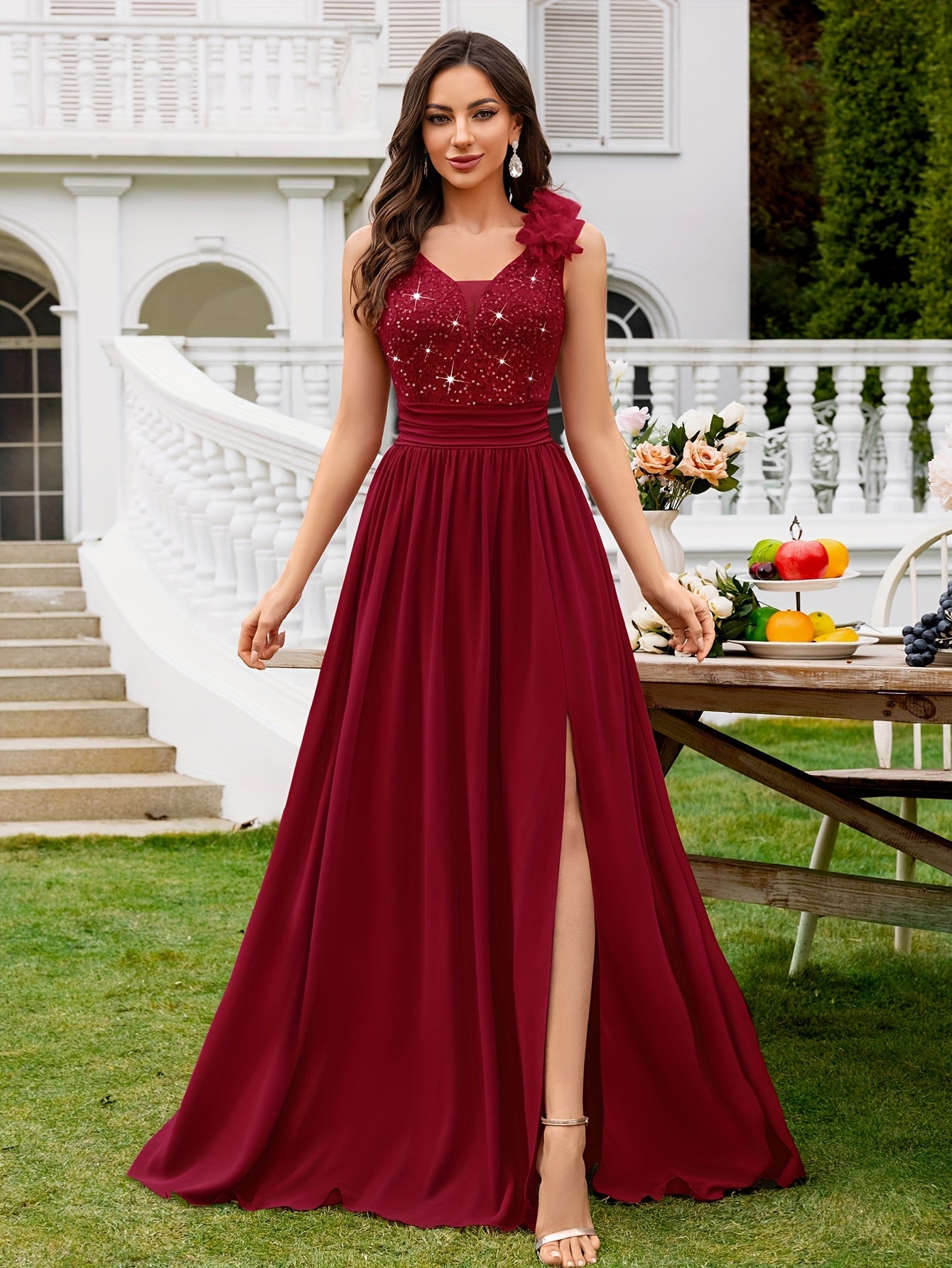 Women's Lace V-Neck Maxi A-Line Dress - Sleeveless detail view