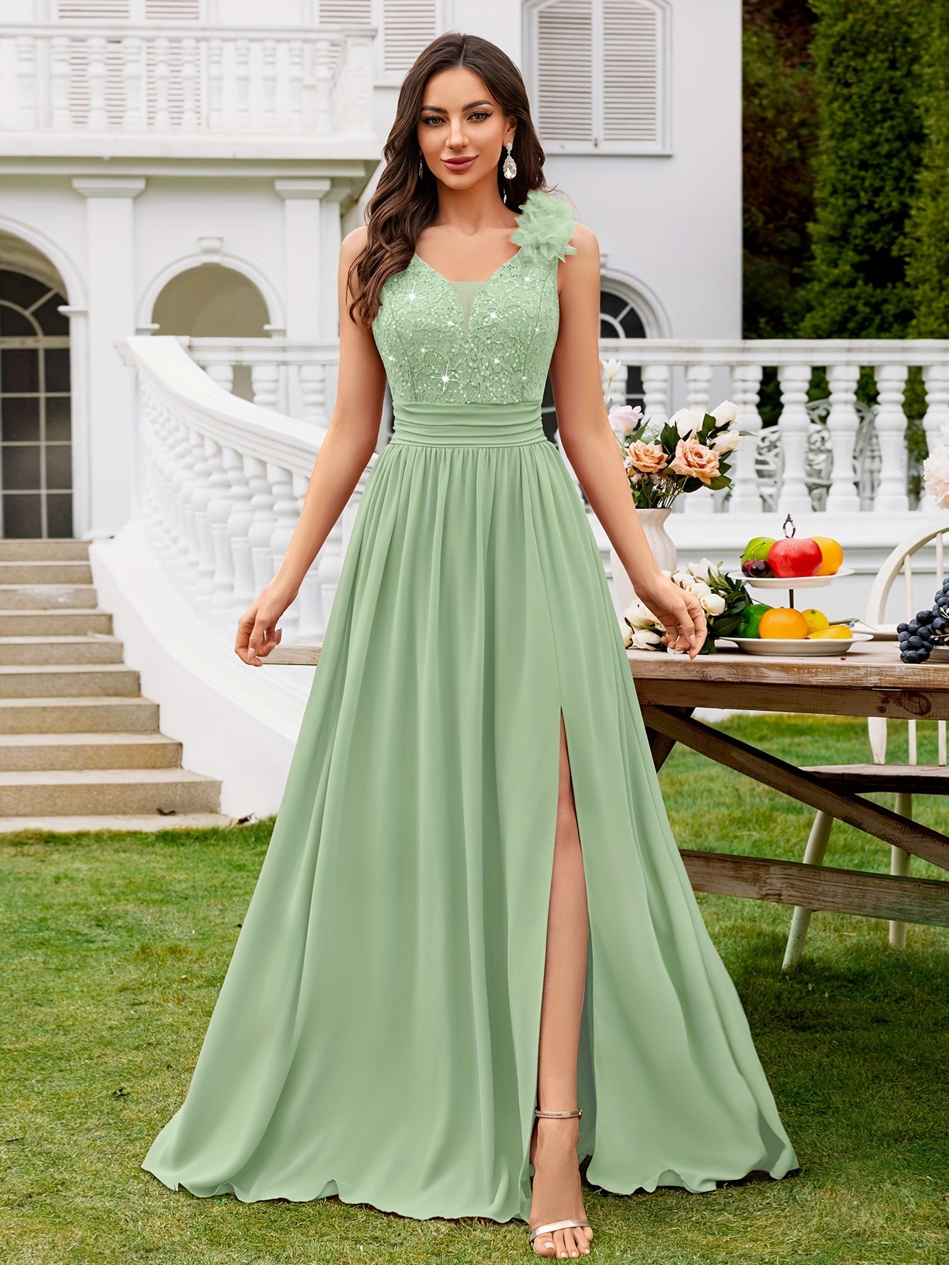 Women's Lace V-Neck Maxi A-Line Dress - Sleeveless detail view