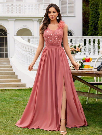 Women's Lace V-Neck Maxi A-Line Dress - Sleeveless detail view