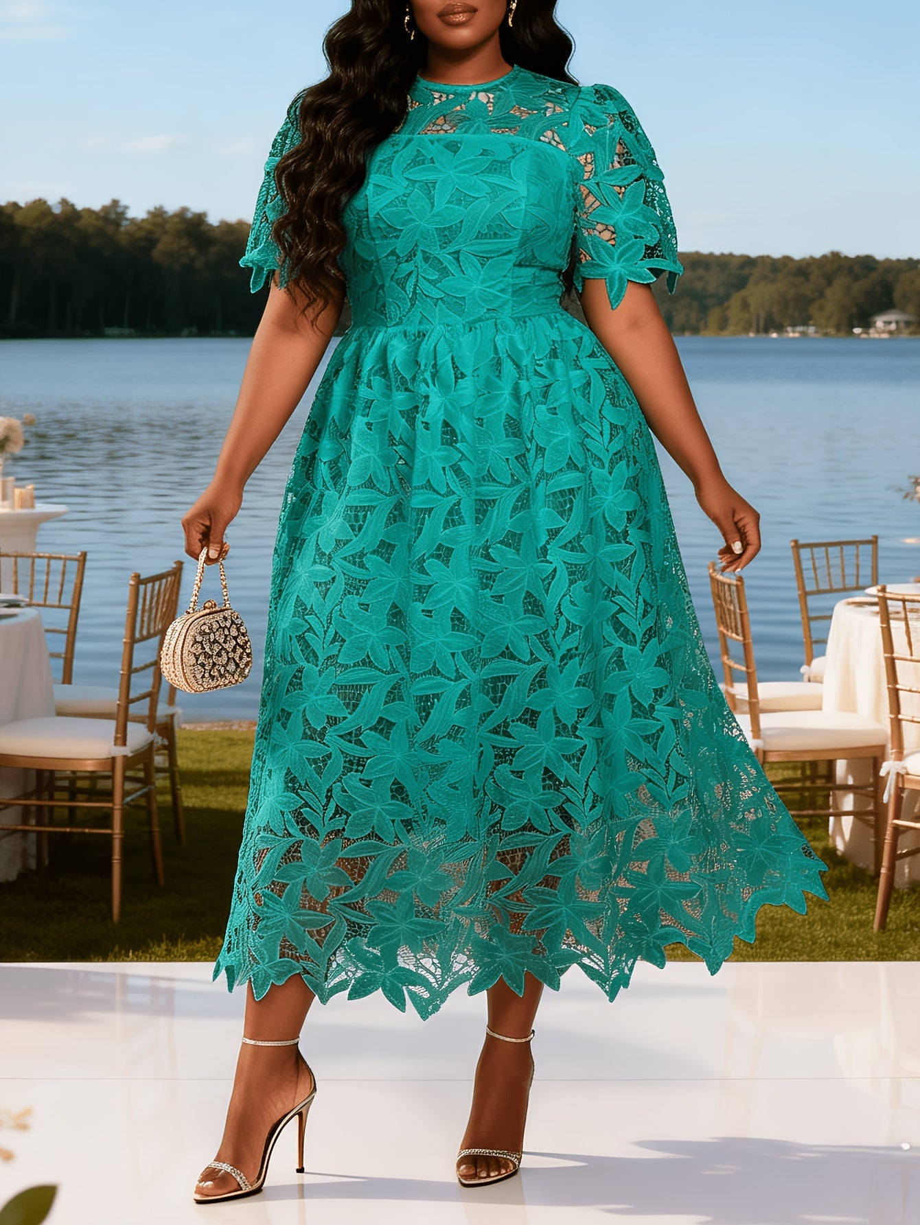 Women's Lace V-Neck Maxi Evening Dress - Ruffle Event Style – view 6