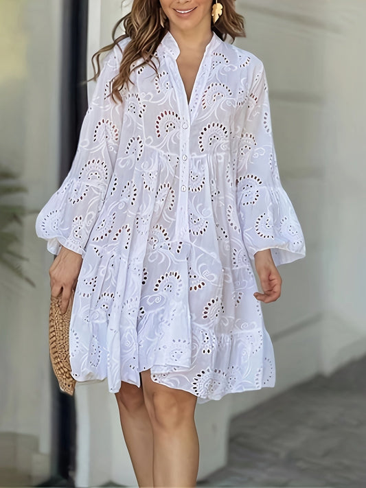Women's Lace V-Neck Midi Shirt Dress - Cutout – White option – main product image