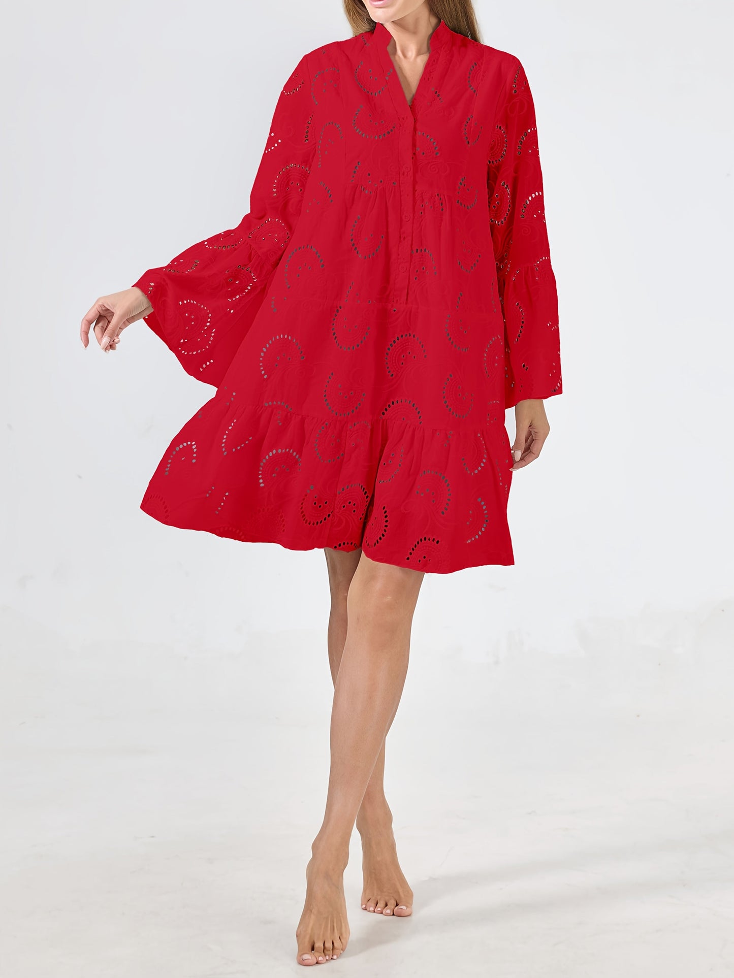 Women's Lace V-Neck Midi Shirt Dress - Cutout – White option – view 4