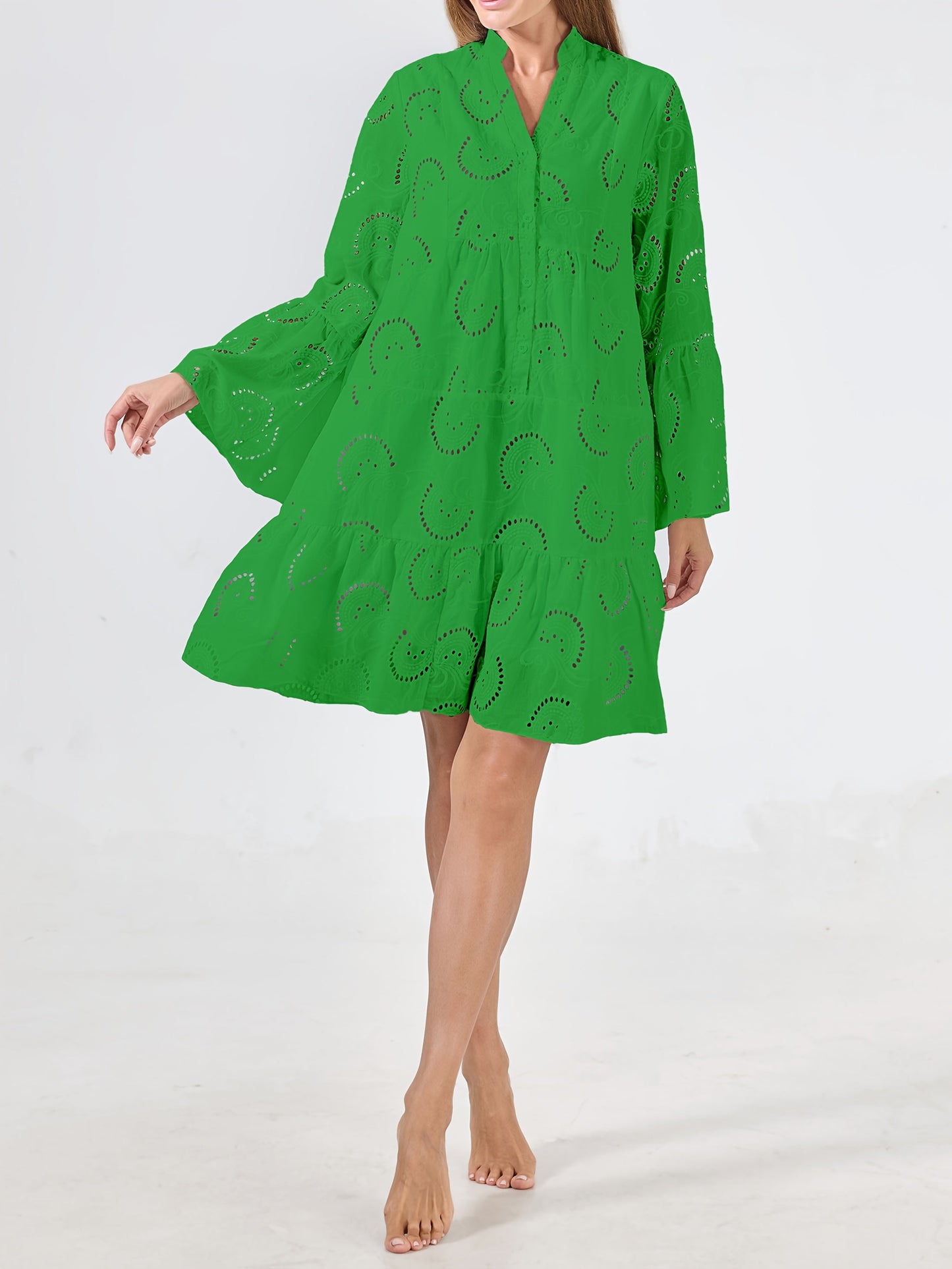 Women's Lace V-Neck Midi Shirt Dress - Cutout – White option – view 7