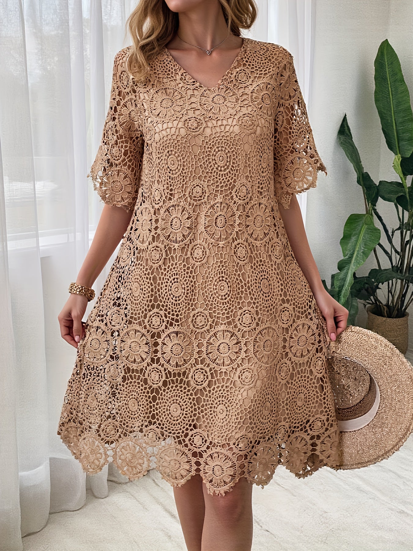 Women's Lace V-Neck Summer Dress – Short Sleeve – main product image
