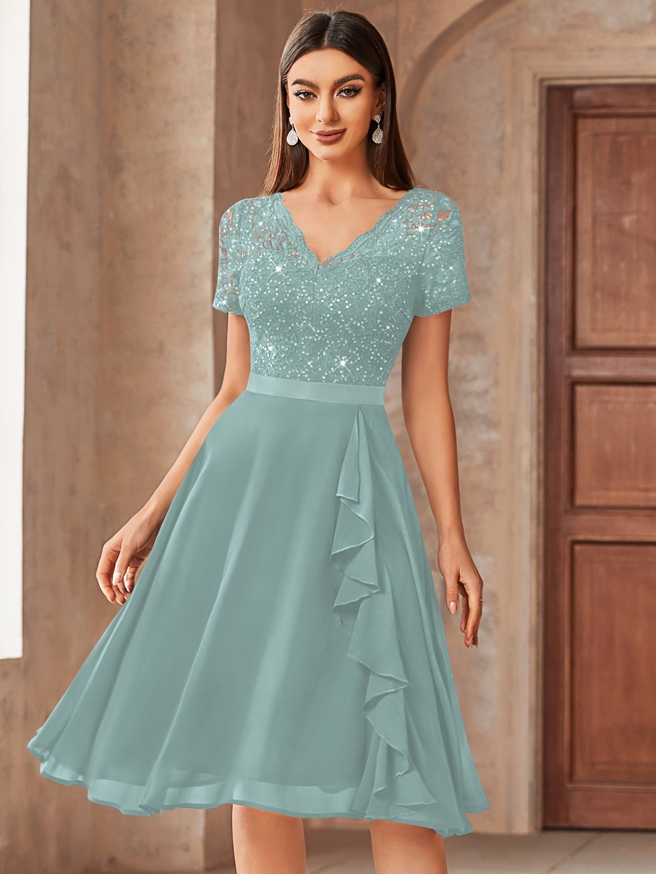 Women's Lace V-Neck Wedding Dress - Ruffle detail view