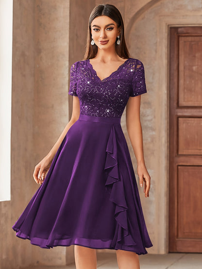Women's Lace V-Neck Wedding Dress - Ruffle detail view