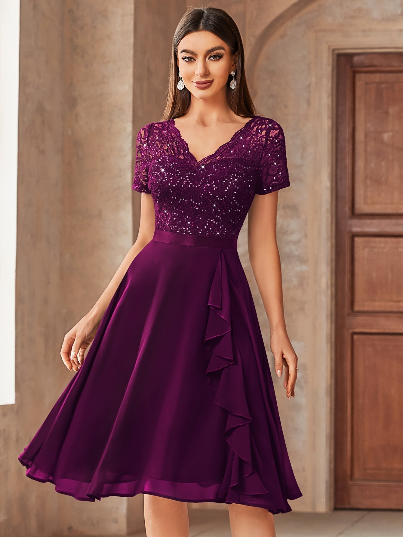 Women's Lace V-Neck Wedding Dress - Ruffle detail view