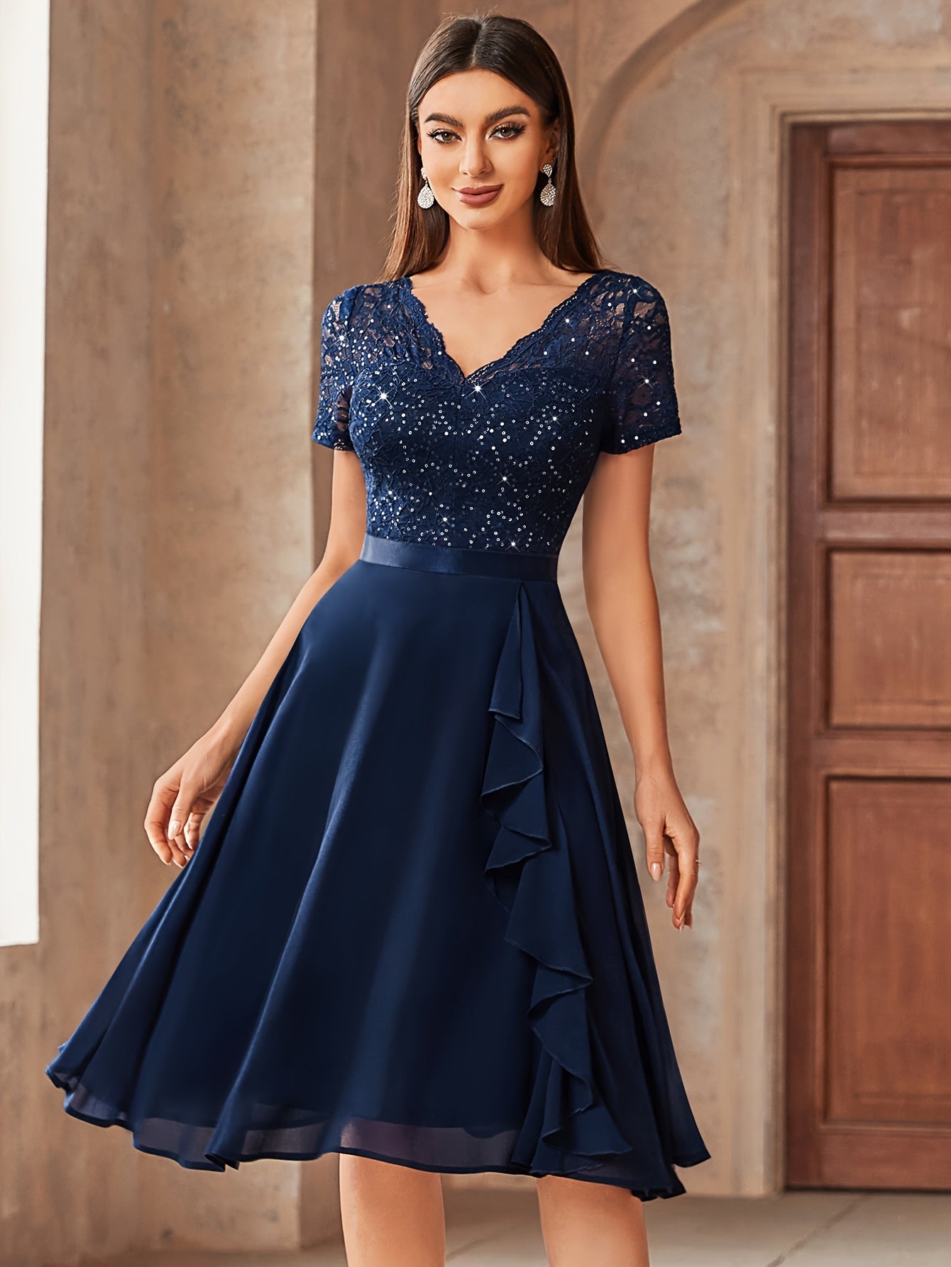 Women's Lace V-Neck Wedding Dress - Ruffle – Navy option – main product image