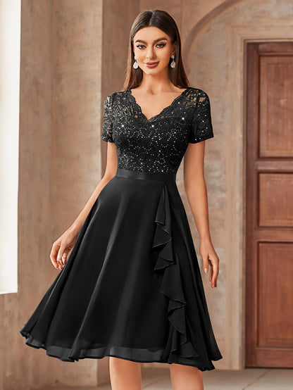 Women's Lace V-Neck Wedding Dress - Ruffle – Navy option – view 4