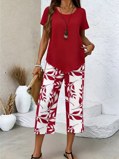 Women's Leaf Print 2-Piece Outfit Set - Short Sleeve Top and Wide-Leg Pants – main product image