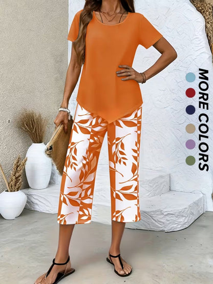 Women's Leaf Print 2-Piece Outfit Set - Short Sleeve Top and Wide-Leg Pants – view 4