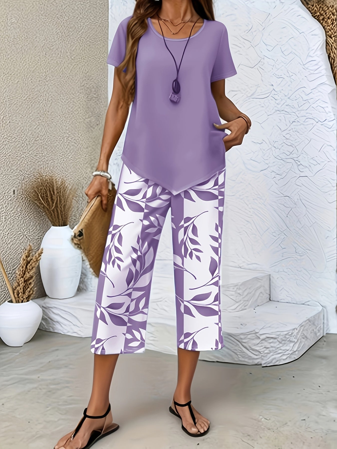 Women's Leaf Print 2-Piece Outfit Set - Short Sleeve Top and Wide-Leg Pants – view 7