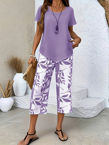 Women's Leaf Print 2-Piece Outfit Set - Short Sleeve Top and Wide-Leg Pants – view 7