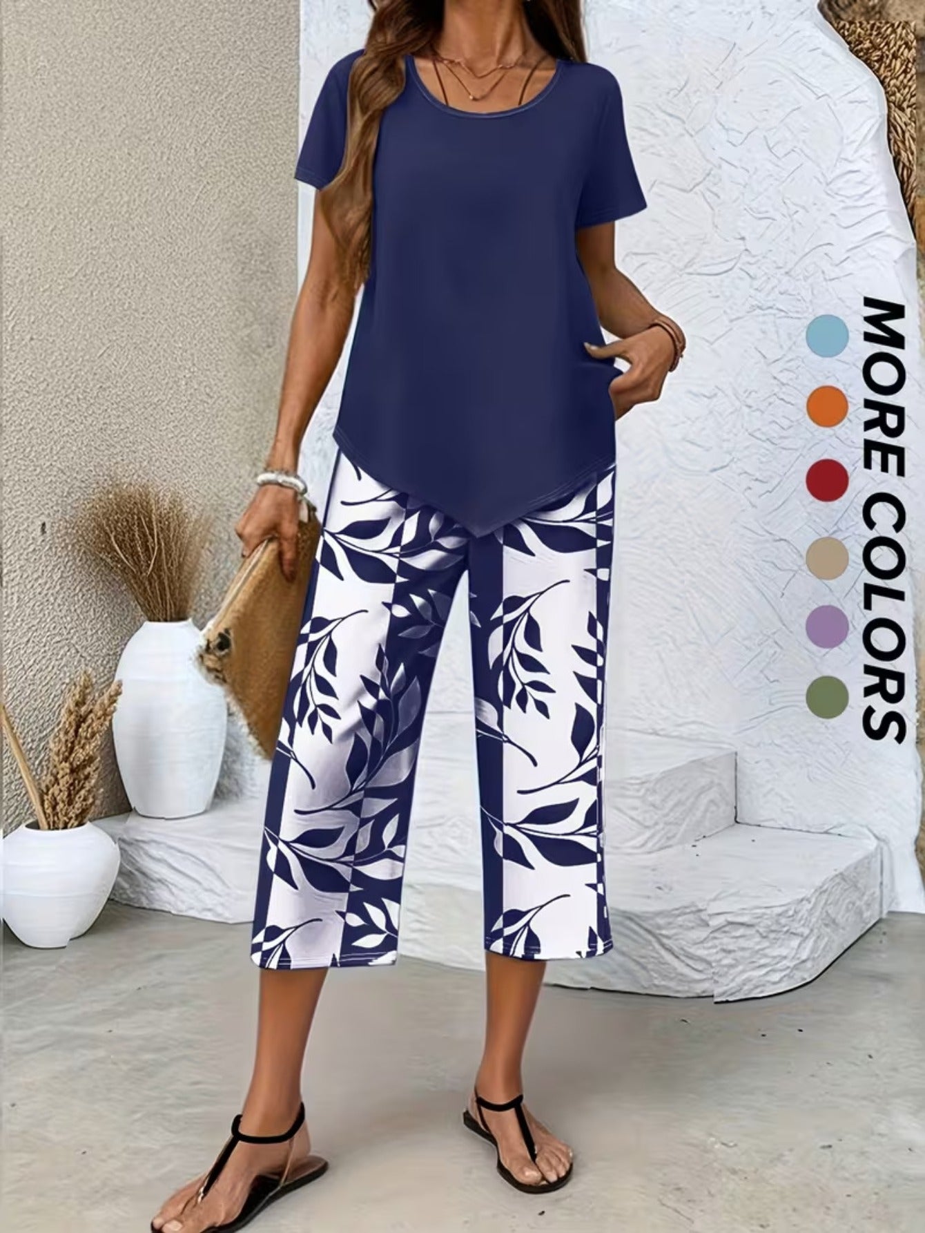 Women's Leaf Print 2-Piece Outfit Set - Short Sleeve Top and Wide-Leg Pants – view 8