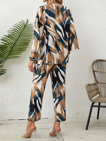 Women's Leaf Print Two-Piece Set - Leaf Print Elegant Matching Look detail view