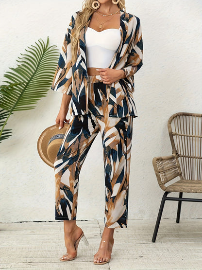 Women's Leaf Print Two-Piece Set - Leaf Print Elegant Matching Look detail view