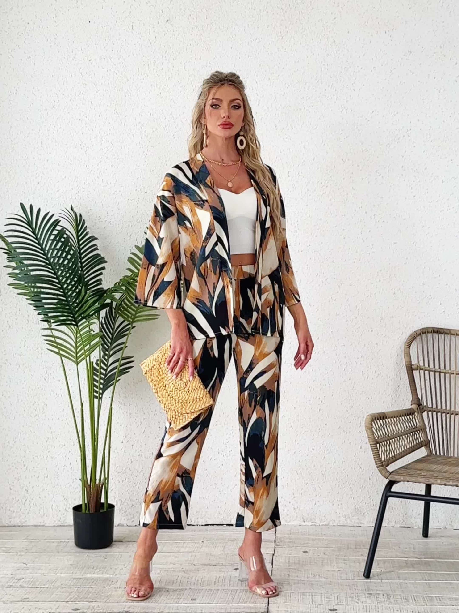 Women's Leaf Print Two-Piece Set - Leaf Print Elegant Matching Look detail view