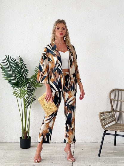 Women's Leaf Print Two-Piece Set - Leaf Print Elegant Matching Look detail view