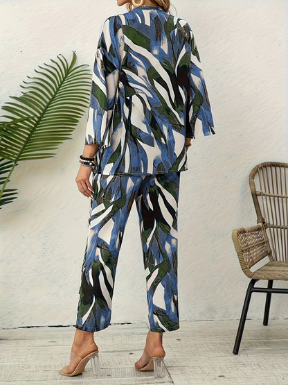 Women's Leaf Print Two-Piece Set - Leaf Print Elegant Matching Look detail view