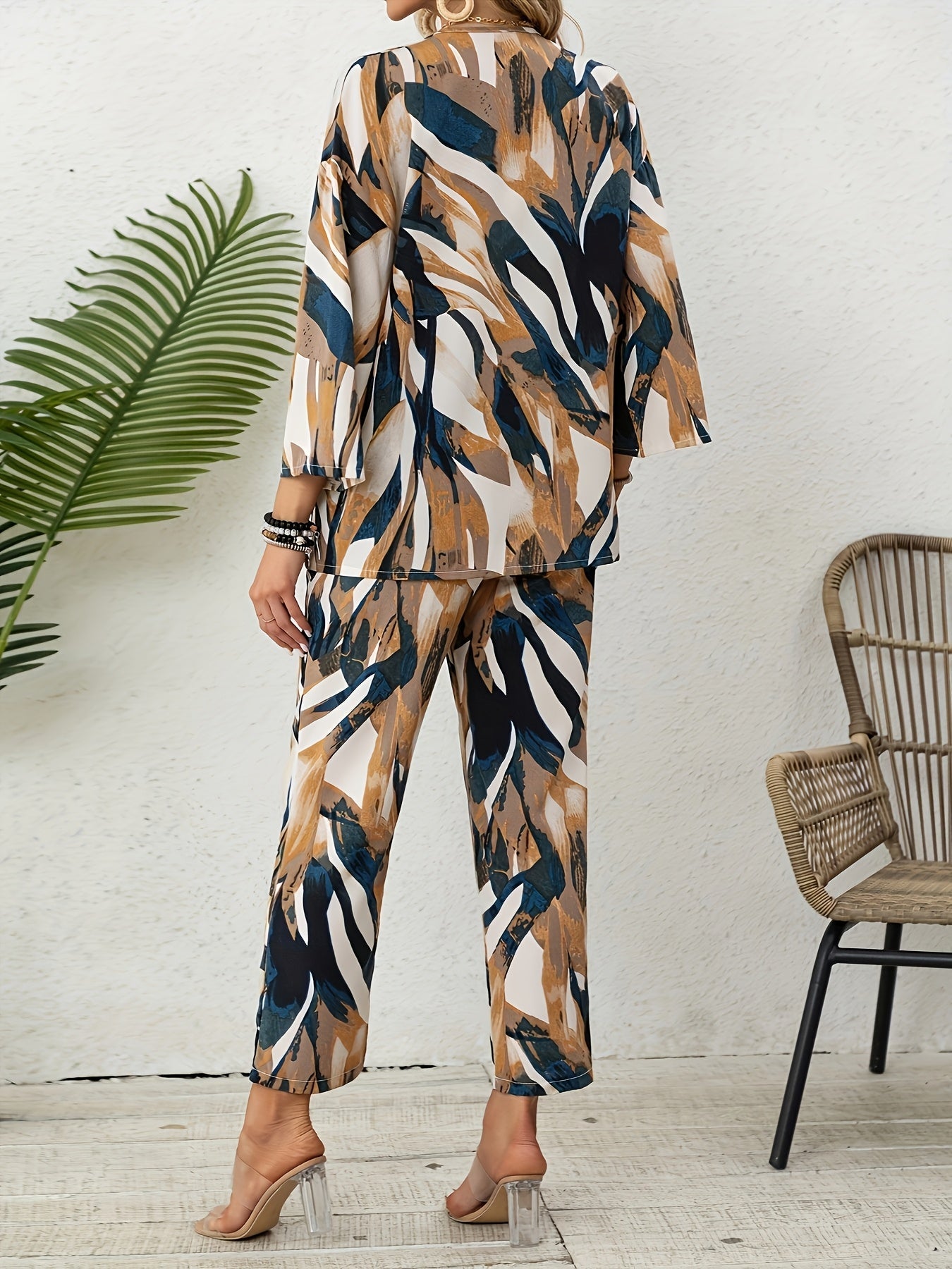 Women's Leaf Print Two-Piece Set - Leaf Print Elegant Matching Look detail view