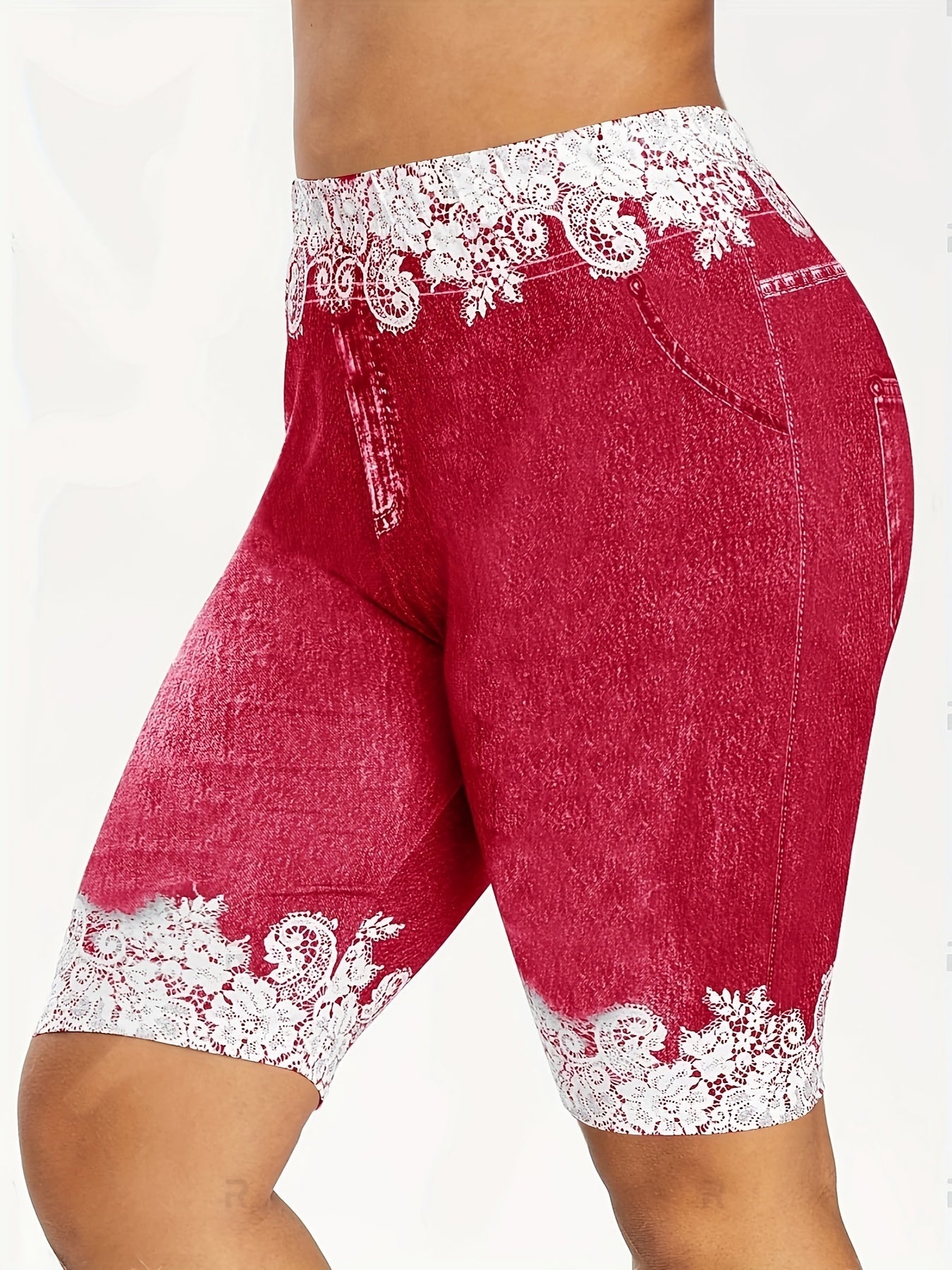 Women's Leggings - Elastic Waist Floral Print – Red option – view 2