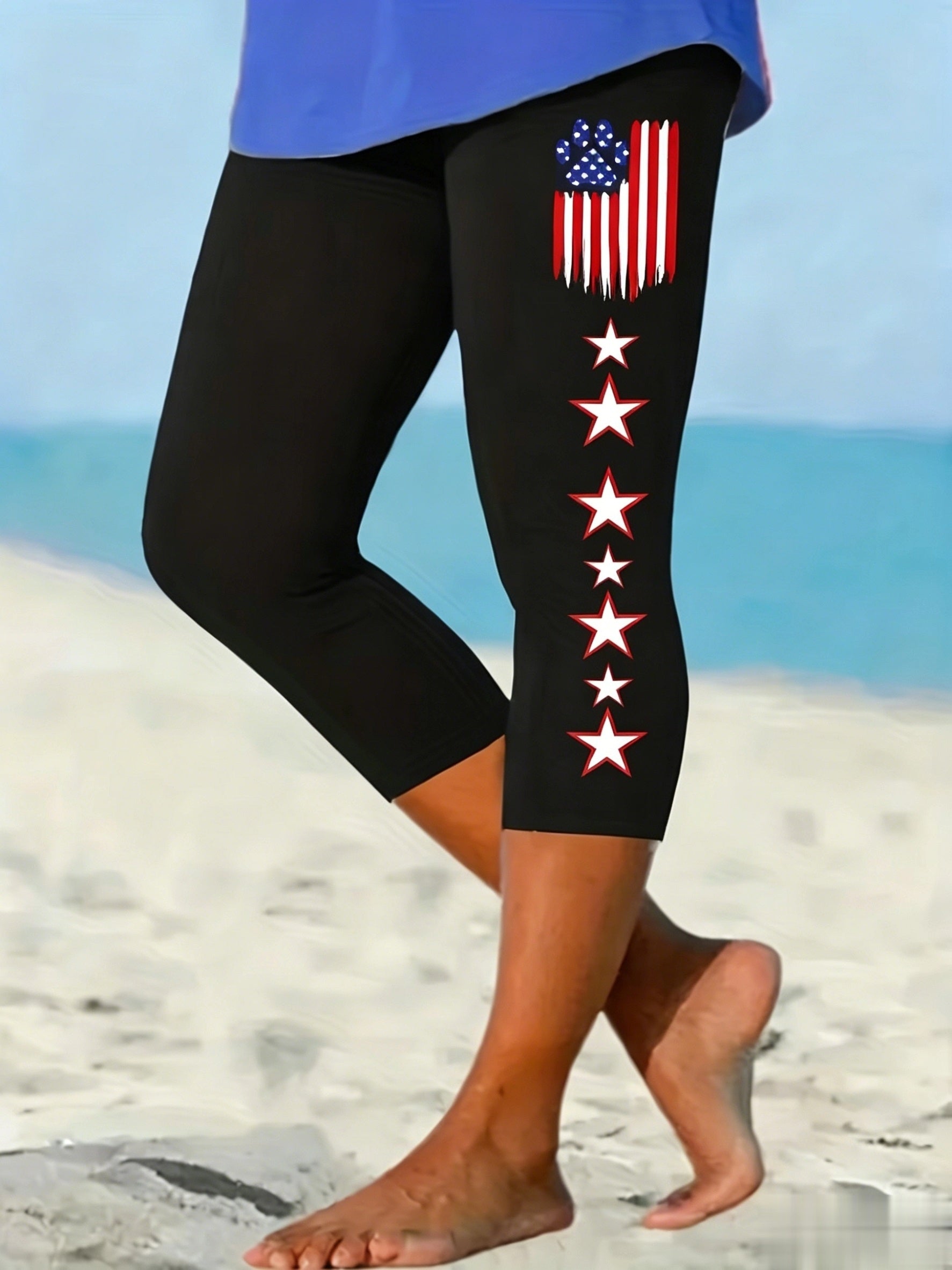 Women's Leggings - High-Waist American Flag Print – Black option – main product image