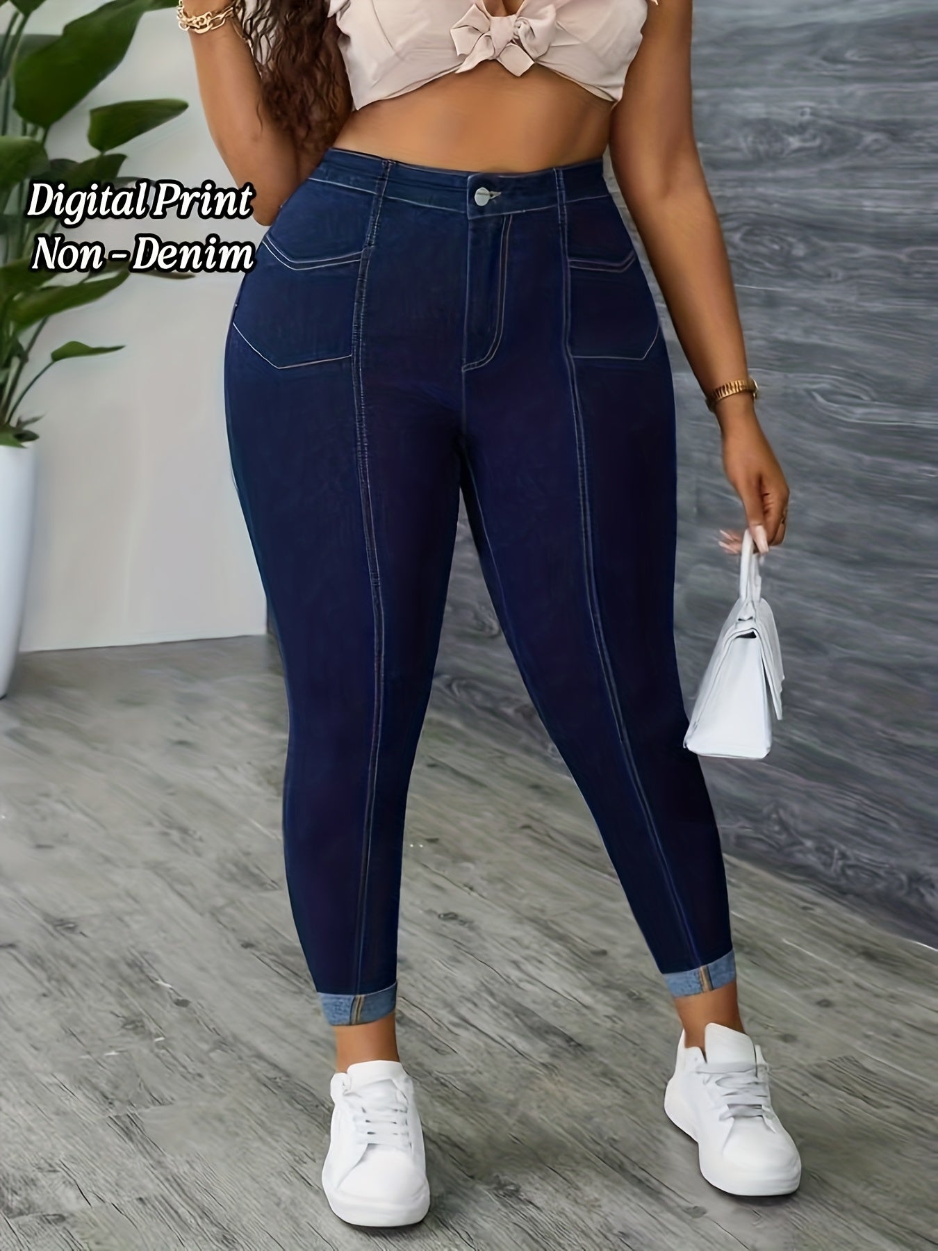 Women's Leggings – Women's Blue Denim Printed High-Waist Jeans – view 3
