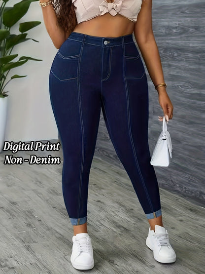 Women's Leggings – Women's Blue Denim Printed High-Waist Jeans – Blue option – main product image