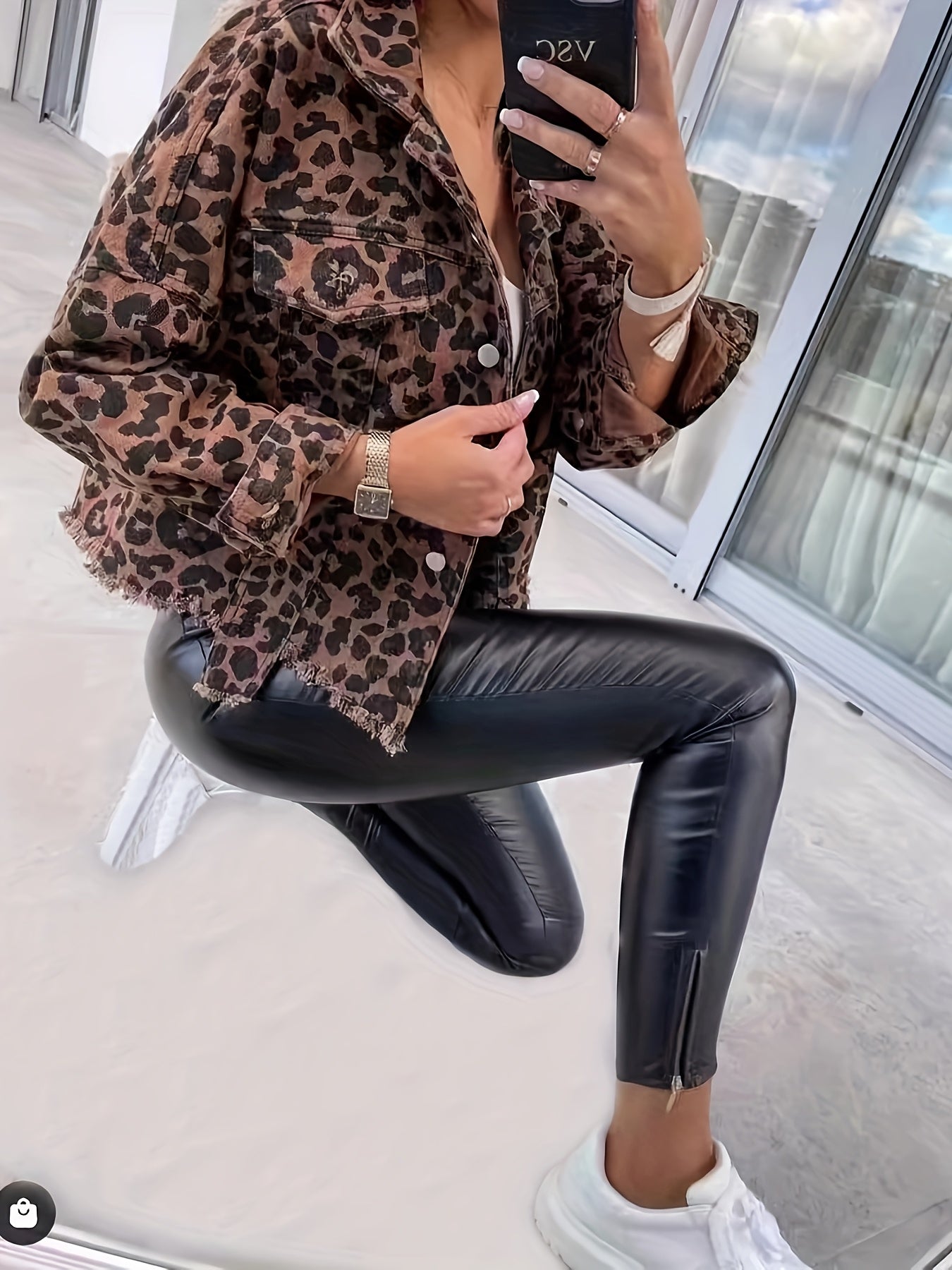 Women's Leopard Denim Jacket - Relaxed Long Sleeve – view 2