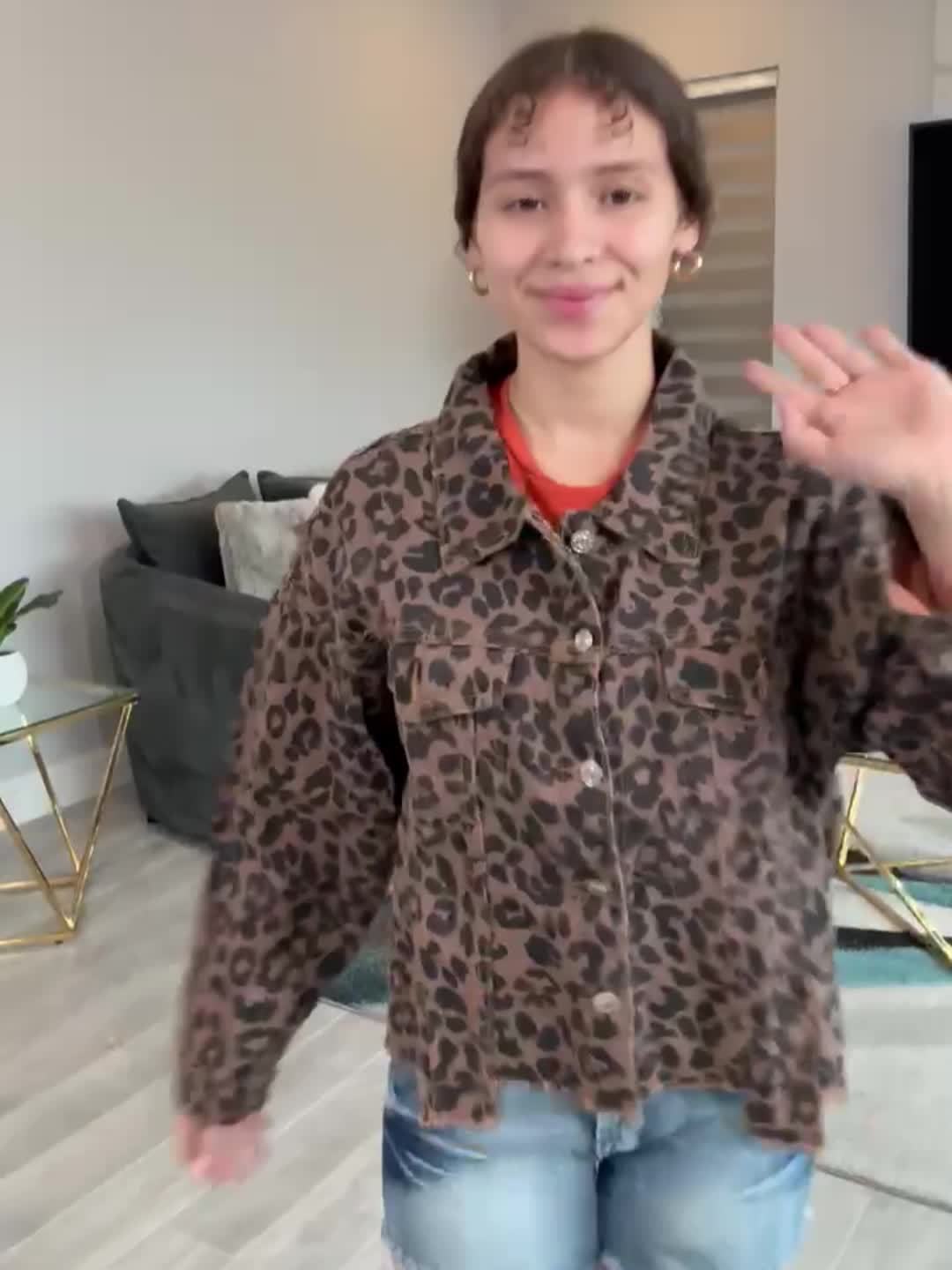 Women's Leopard Denim Jacket - Relaxed Long Sleeve – view 3