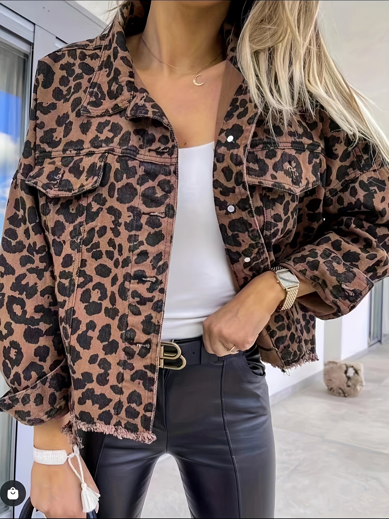 Women's Leopard Denim Jacket - Relaxed Long Sleeve – view 4