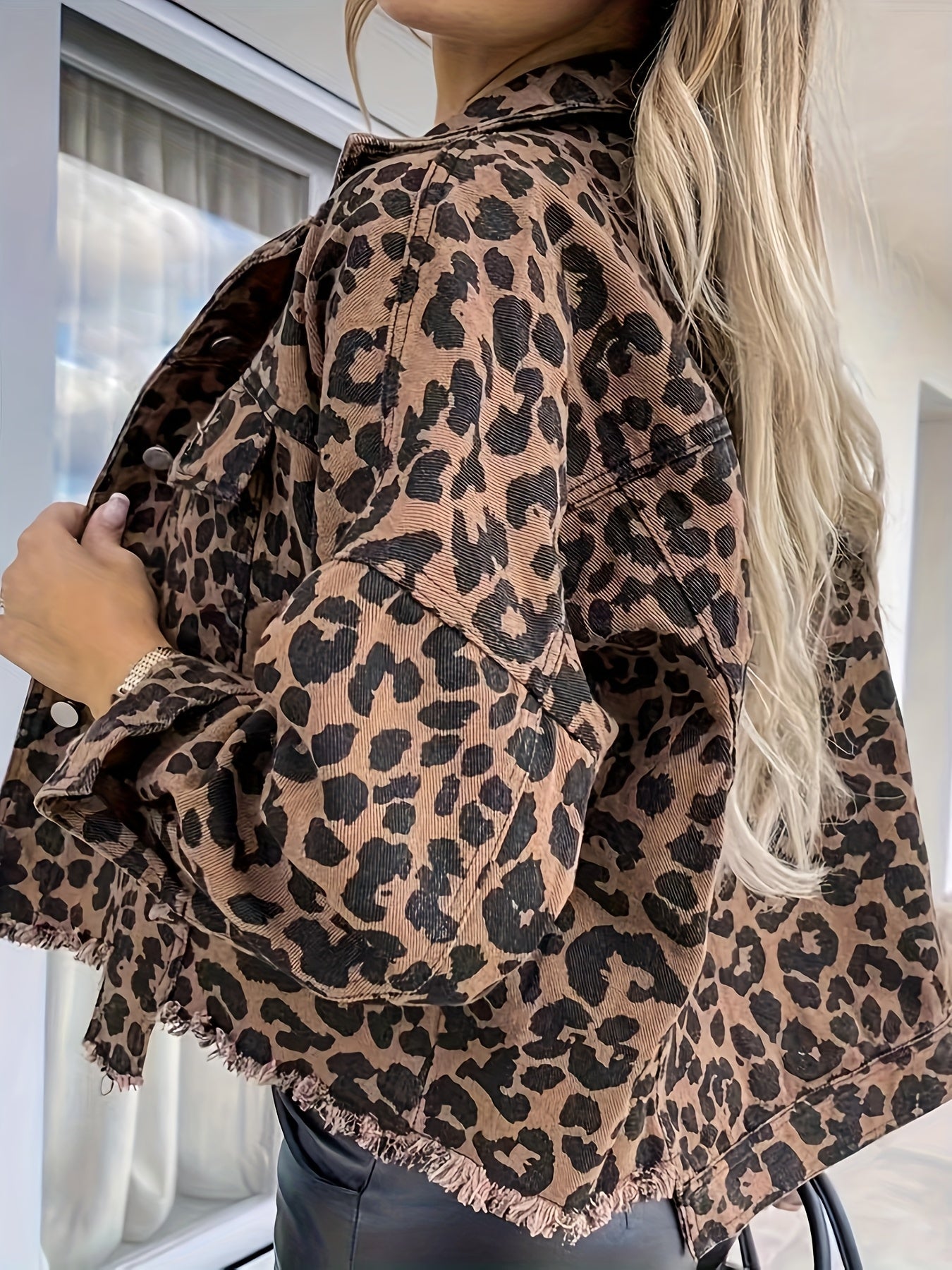 Women's Leopard Denim Jacket - Relaxed Long Sleeve – view 5