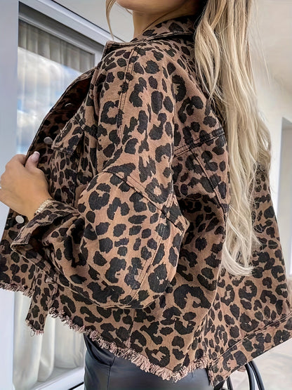 Women's Leopard Denim Jacket - Relaxed Long Sleeve – view 5